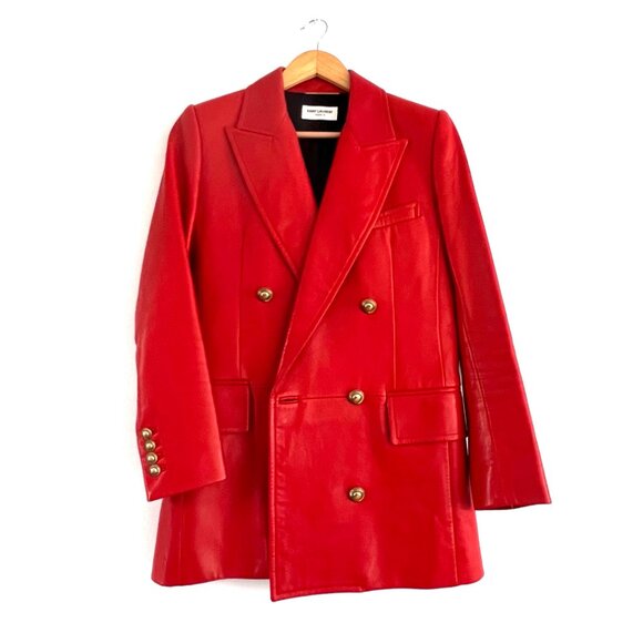 YSL Saint Laurent Red Leather Blazer Jacket Matching Shorts Suit Set Women Small - Picture 4 of 15